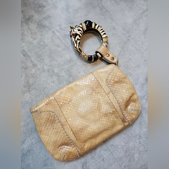 ROBERTO CAVALLI PYTHON CLUTCH WITH CRYSTAL ZEBRA CUFF BRACELET - Picture 6 of 11